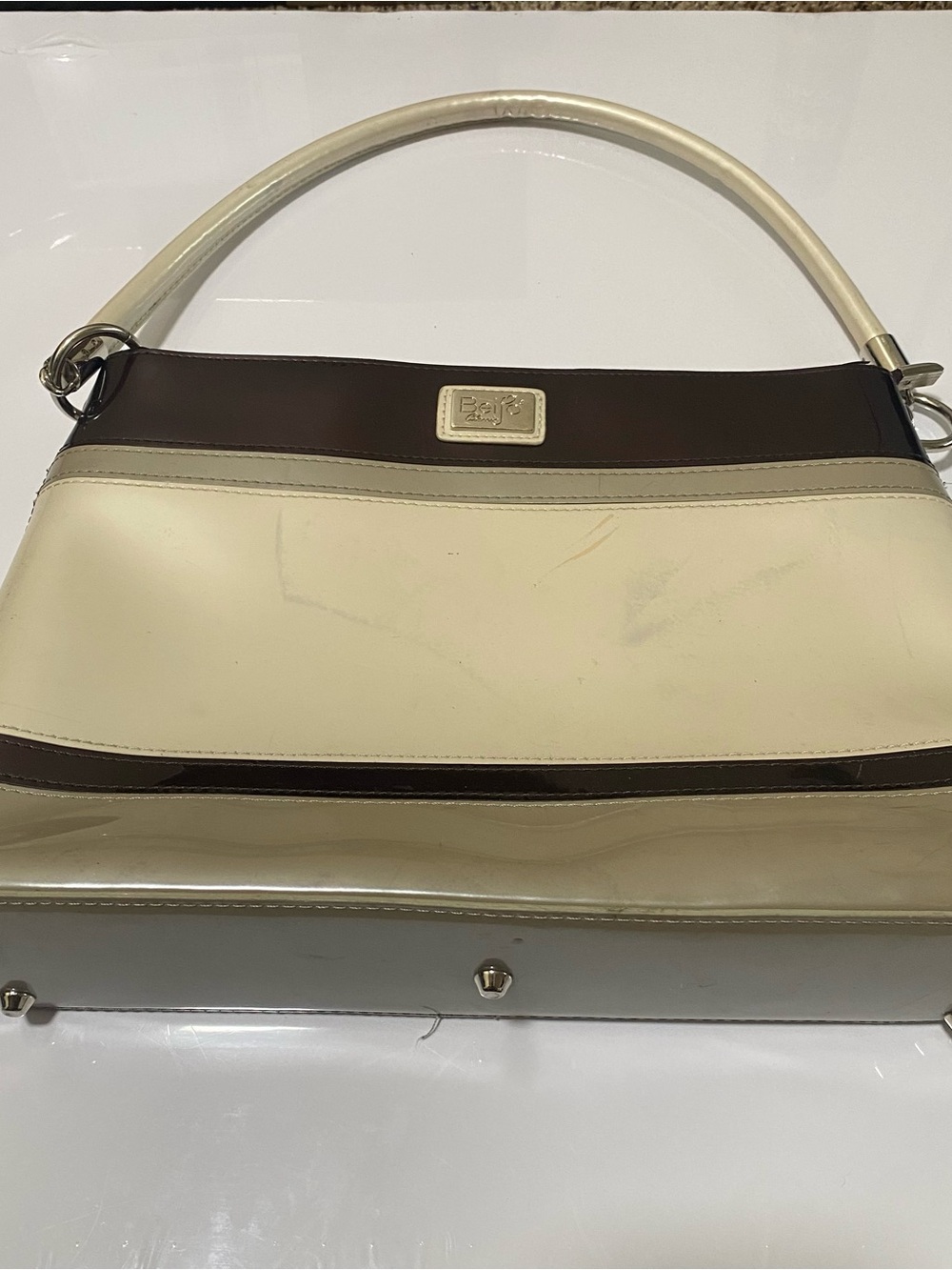 Y2K Beijo Beige Brown Cream Patent Stripe Shoulder Bag Purse Handbag Top Handle